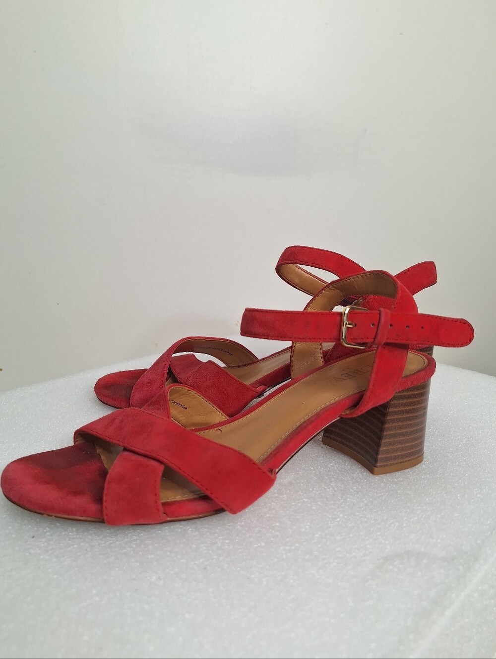 J. Crew Red Suede Mid Block Heel Sandals
